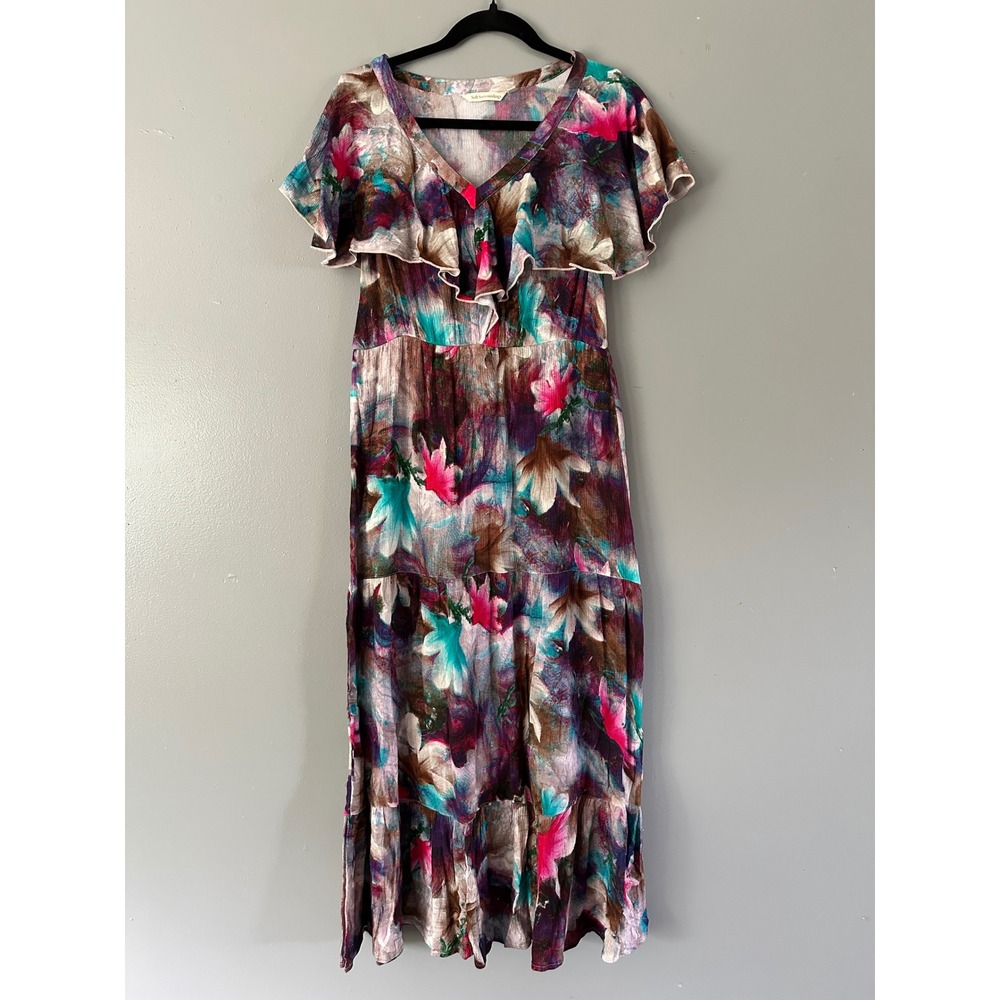 Soft Surroundings Italian Dreams Watercolor Floral V-Neck Tiered Maxi Dress‎ XS